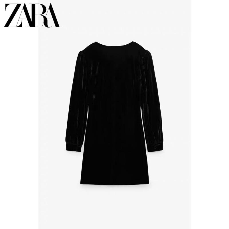 Váy nhung cổ V chiết ngực tay bồng Zarraa, kèm video