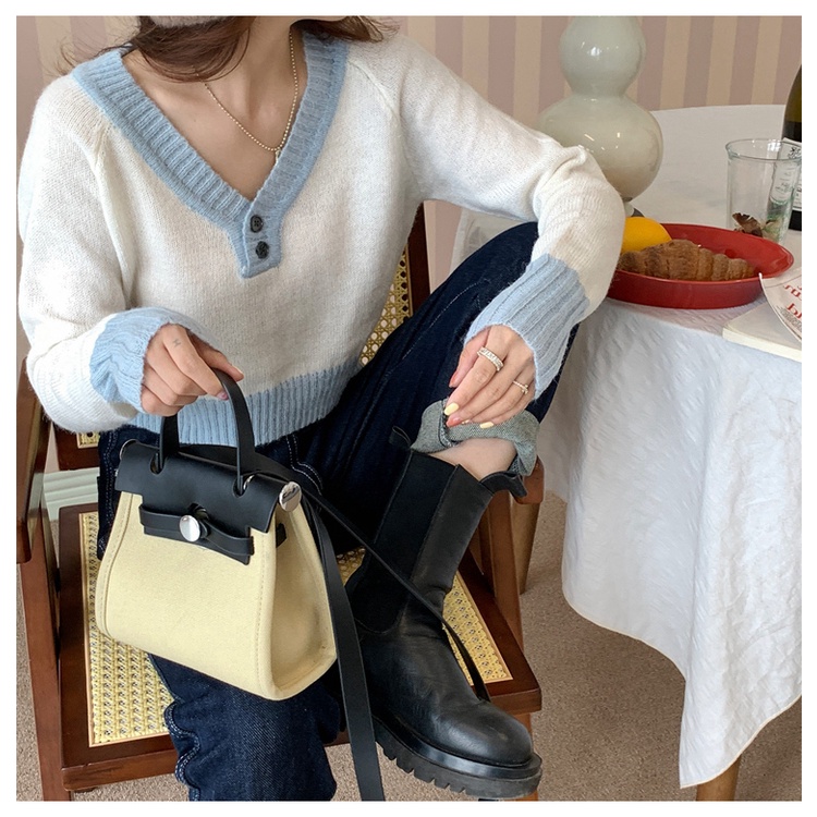 Áo len ZHELIHANGFEI tay dài cổ chữ V lưng cao dễ phối đồ