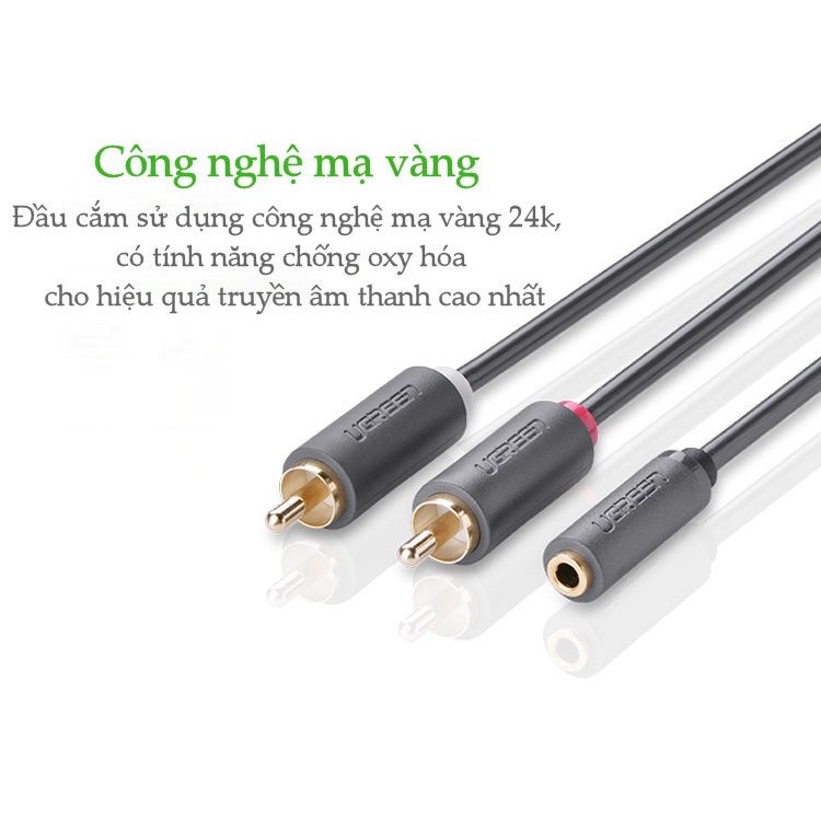 Cáp chuyển âm thanh jack 3.5mm cái sang 2 đầu hoa sen RCA đực dài 20CM UGREEN 10561