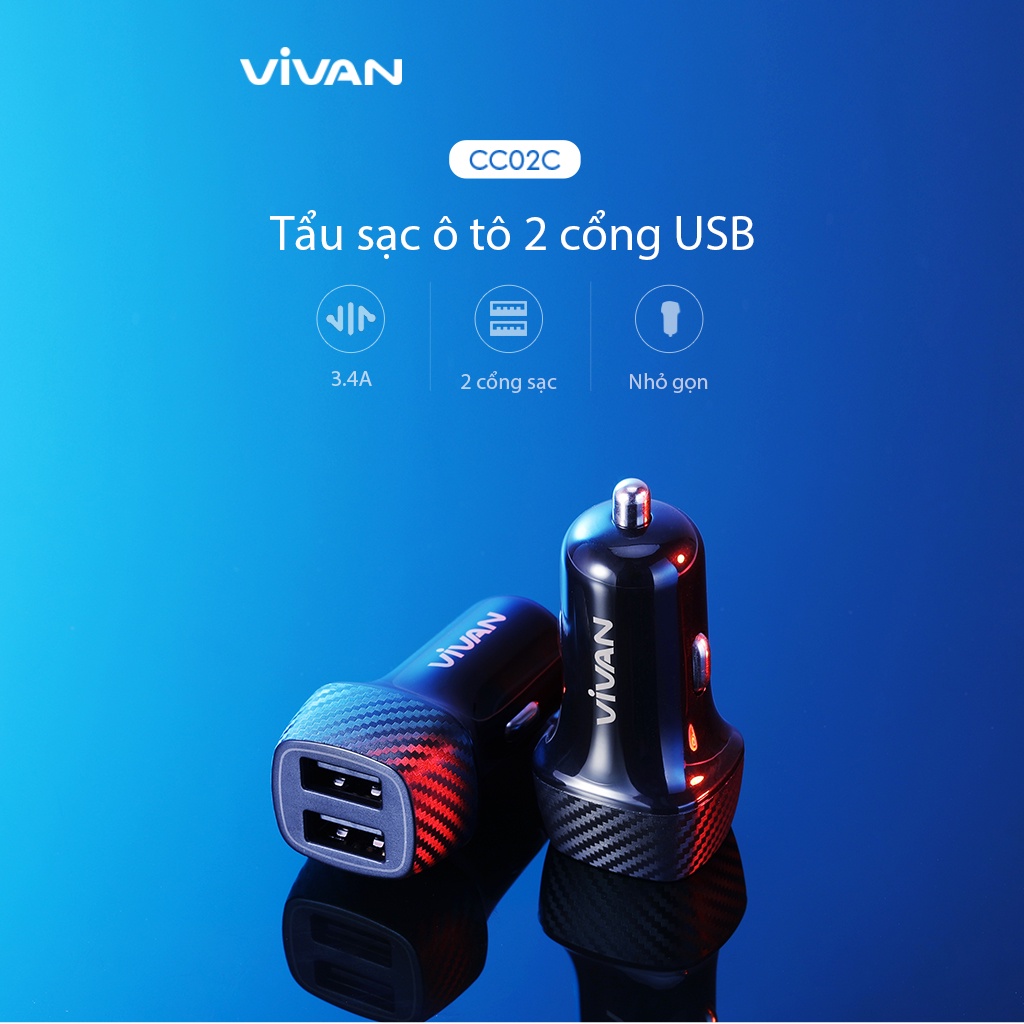 Tẩu sạc oto VIVAN CC02C 2 cổng USB đen- hàng chính hãng bảo hàng 12 tháng