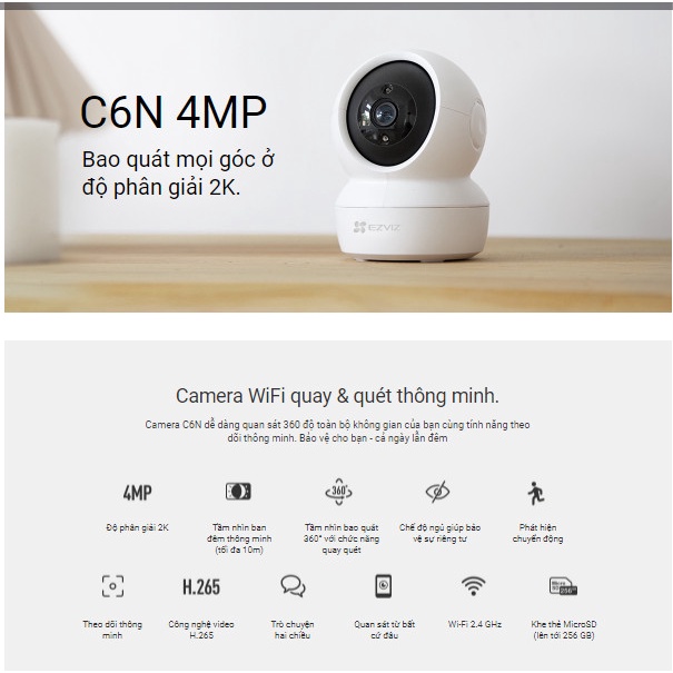 Camera WI-FI Trong nhà EZVIZ C6N 4MP, Smart IR Quan Sát Ban Đêm 10m, Đàm Thoại 2 Chiều, Theo Chuyển Động Thông Minh