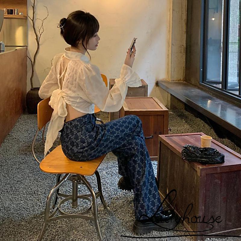 Áo croptop tay phồng dài hở lưng màu sắc đơn giản dành cho nữ