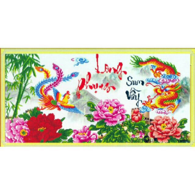 Tranh đính đá-LONG PHỤNG SUM VẦY  130x60cm>chưa đính