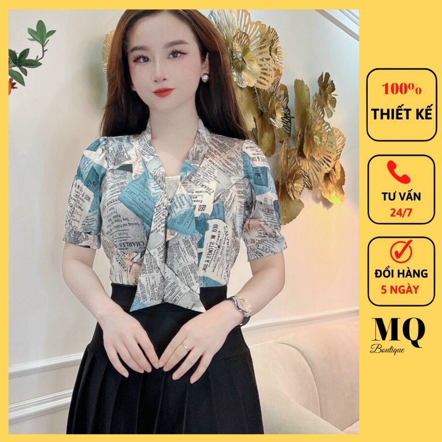 Áo sơ mi nữ lụa cộc tay cao cấp công sở họa tiết tờ báo chữ, kẻ caro, áo sơ mi họa tiết thiết kế MQ Boutique