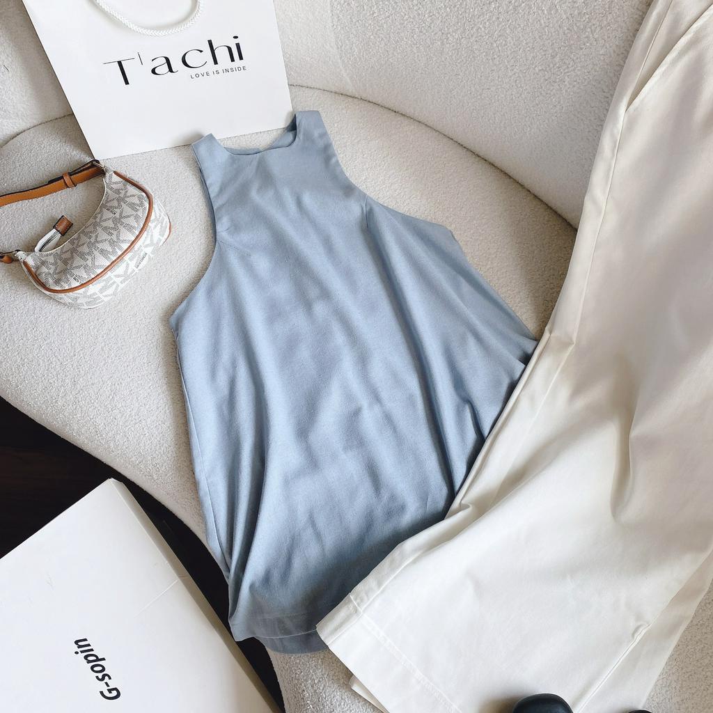 SET ÁO SÁT NÁCH XANH XẺ LƯNG NÚT BỌC + QUẦN SUÔNG TRẮNG (TH)