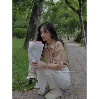 Áo sơ mi thô thêu gấu fo rộng Bazic one
