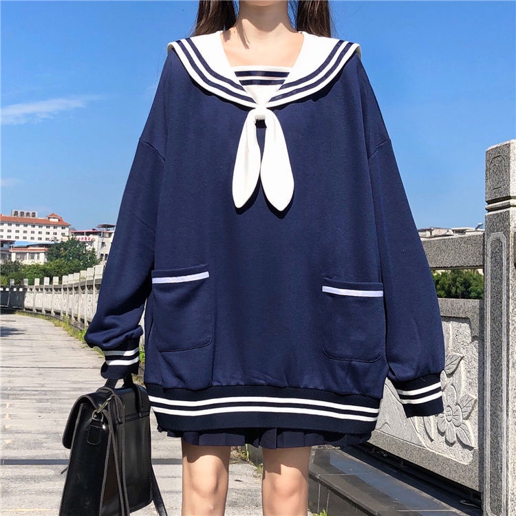 Áo sweater Tay Dài Cổ Thủy Thủ Dáng Rộng Đính Tai Thỏ Dễ Thương Thời Trang Thu Đông Nhật Bản Dành Cho Bạn Gái Tuổi Trung Niên