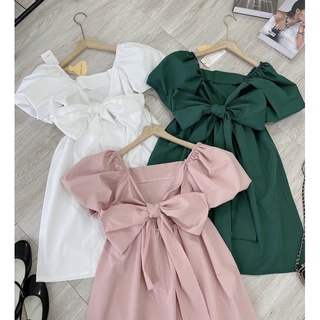 Váy baby doll nơ lưng tay phồng form xoè xinh xắn