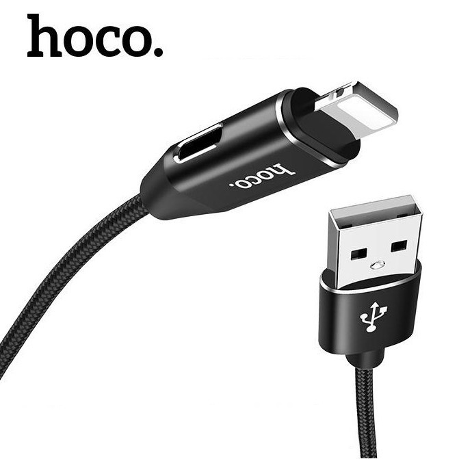 [2 TRONG 1] Cáp sạc nhanh Hoco UF01 2 in 1, cổng Lightning cho Iphone tích hợp jack cắm tai nghe, dây dù 1 mét siêu bền