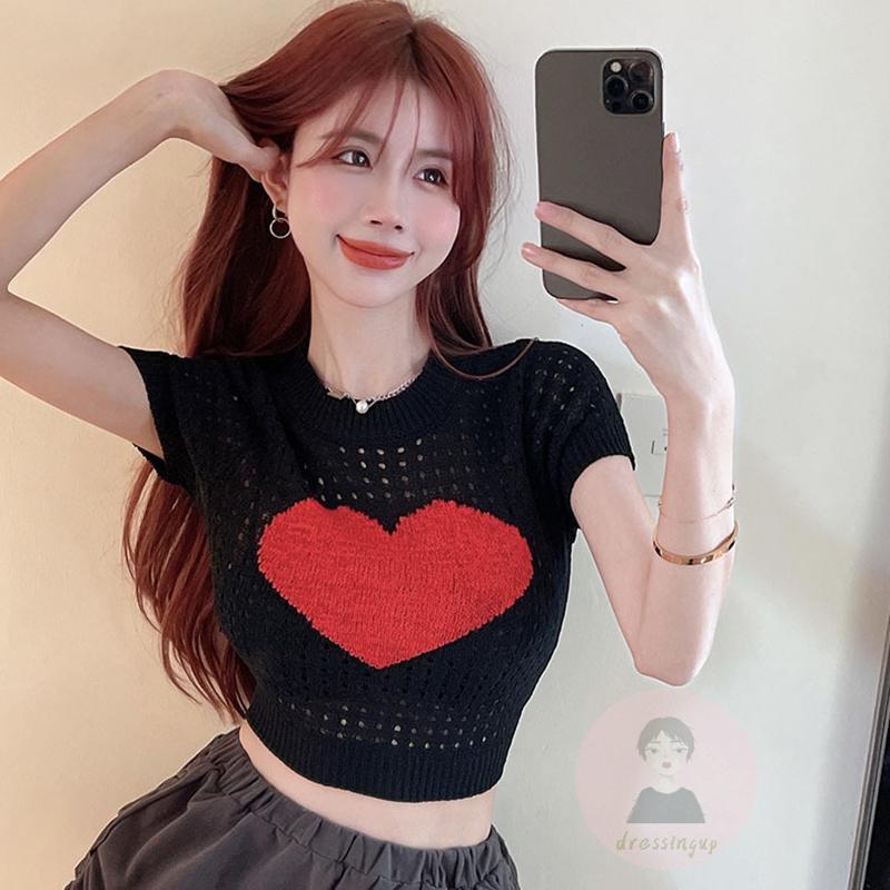 Áo Thun Tay Ngắn Cổ Tròn Họa Tiết Trái Tim Thời Trang Cho Nữ