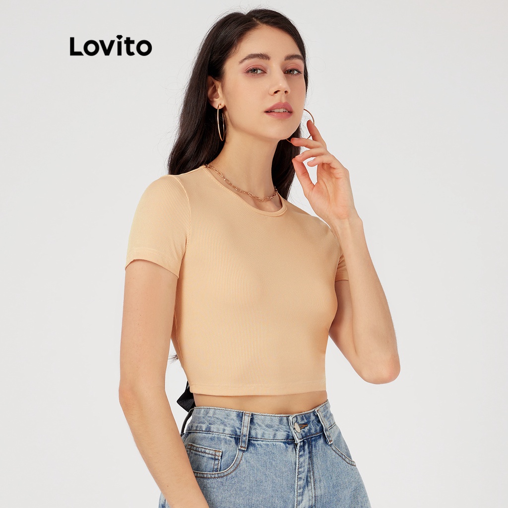 Áo thun Lovito cơ bản hàng ngày buộc dây sau lưng ghép nối màu sắc phong cách thường ngày L23LD007 (màu mơ)