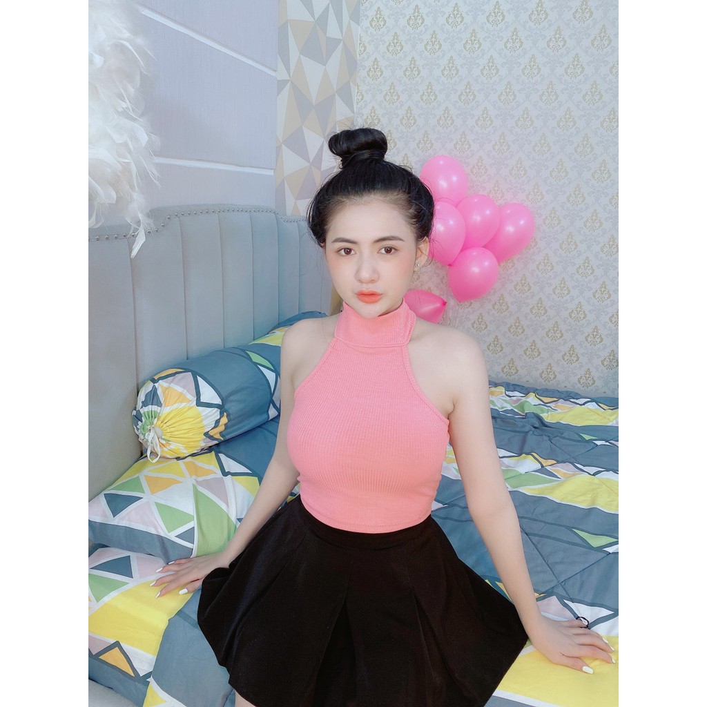 áo yếm croptop cổ cao cài nút sau xinh thun gân đẹp