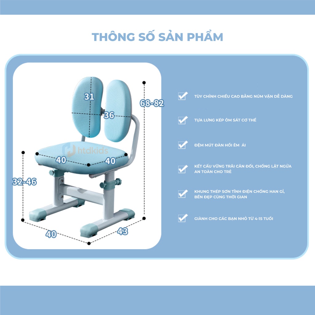 Ghế học sinh thông minh tăng giảm chiều cao có gác chân giúp điều chỉnh tư thế ngồi đúng