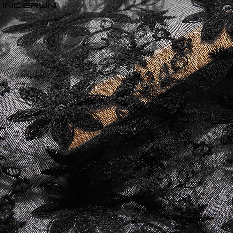 Áo thun INCERUN tay ngắn phối ren lưới nhìn xuyên qua thời trang mùa hè cho nam