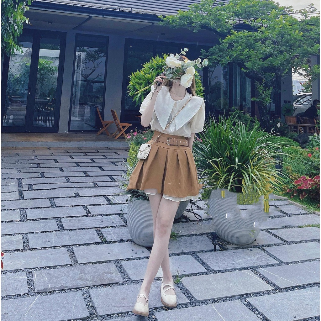 Set áo sơ mi cổ thuyền mix chân váy xếp li nâu tây kèm thắt lưng MIVOSA SV147