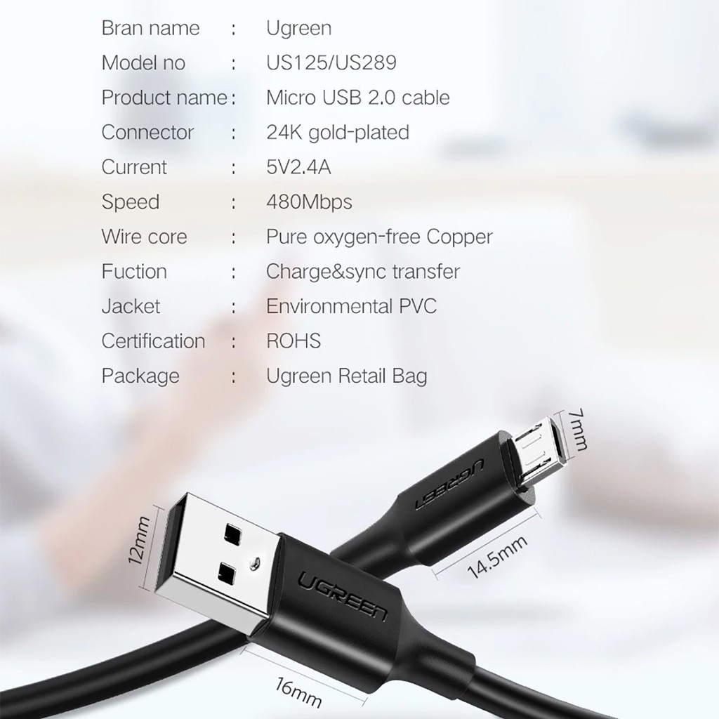 Cáp Sạc Micro USB Cao Cấp Ugreen 60136 / Dái 1M - Fast Charge 2.4A / Sạc Cho Samsung Huawei HTC Máy Tính Bảng Android