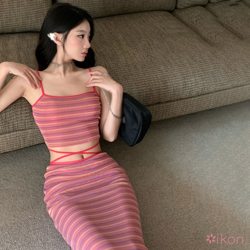 Set Áo Dây Hở Vai + Chân Váy Sọc Ngang Thời Trang Nữ