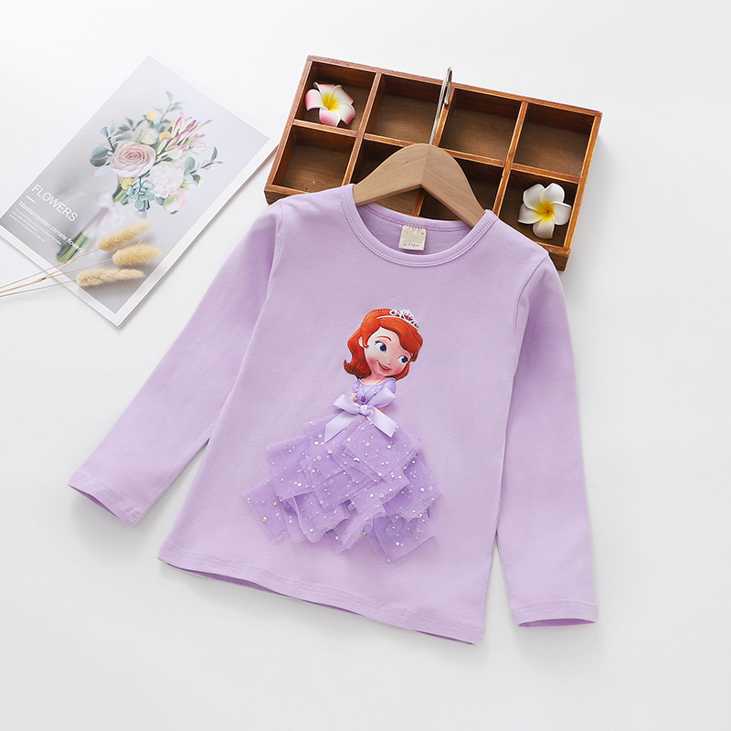 Trẻ em gái 3-7 tuổi Mùa xuân Áo thun dài tay Phim hoạt hình Ba chiều Aisha Cotton Top Quần áo