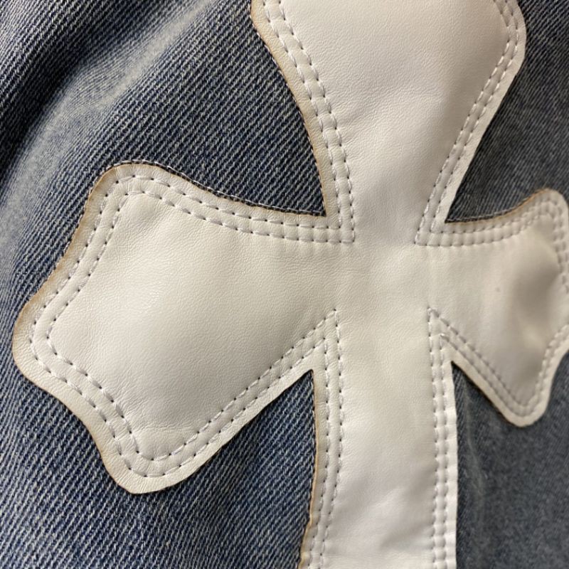 áo khoác bò jeans nam nữ dài tay họa tiết hình chữ thập chromeheart dáng oversize
