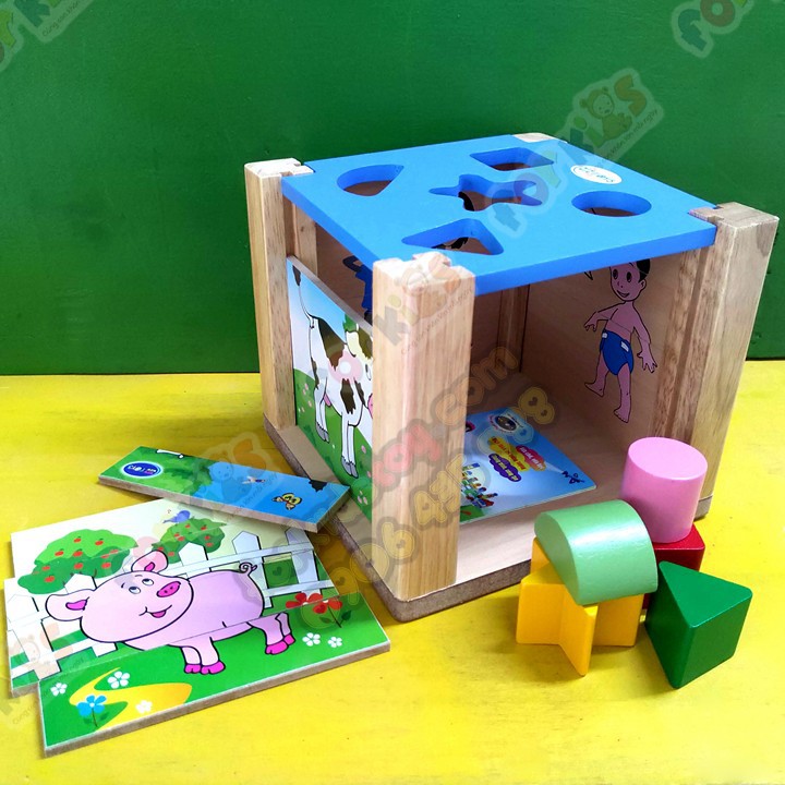 Hộp thả khối, đồ chơi thả khối kết hợp đồ chơi xếp hình cho bé 2 tuổi