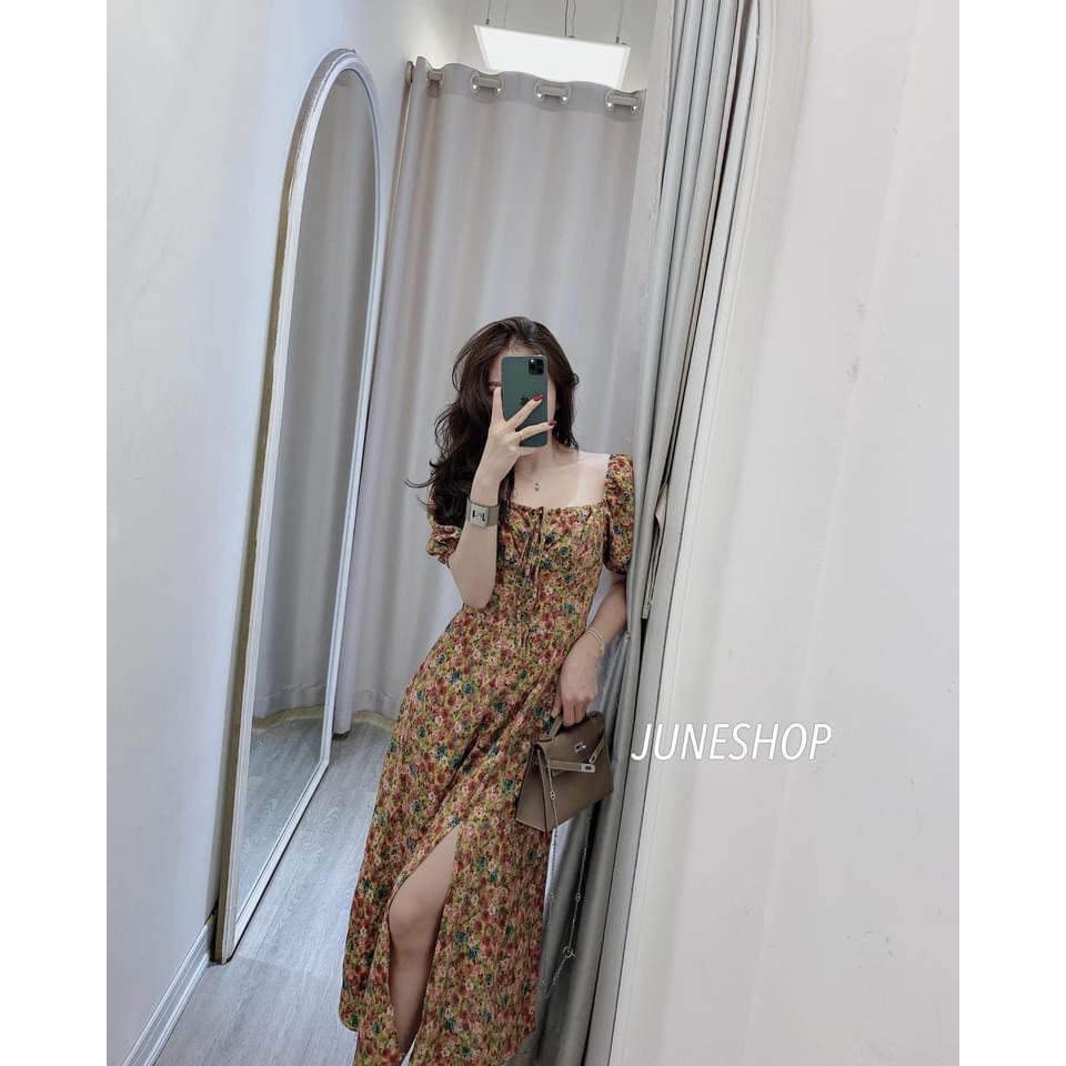 Váy body xẻ tà tay bèo 💖HOT TREND💖 Đầm rớt vai họa tiết vintage thiết kế nhún ngực tự tin thả dáng | BigBuy360 - bigbuy360.vn