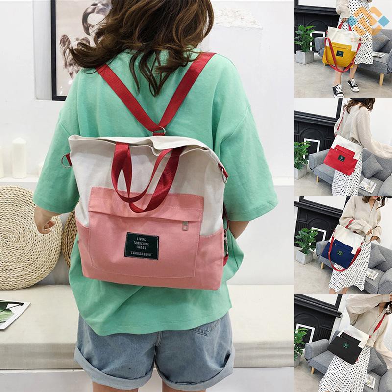 [BEST]Women Handbag Canvas Color Block LIVING TRAVELING SHARE Letters Zipper Large Capacity Multifunction Shoulder Bag