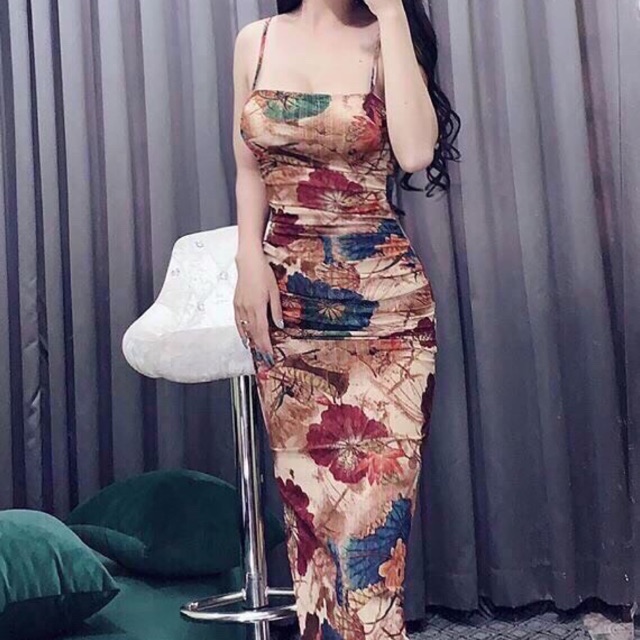 ĐẦM DỰ TIỆC BODY ÔM HAI DÂY HOA IN NHIỆT MÚT NGỰC GIÁ RẺ KÈM ẢNH THẬT