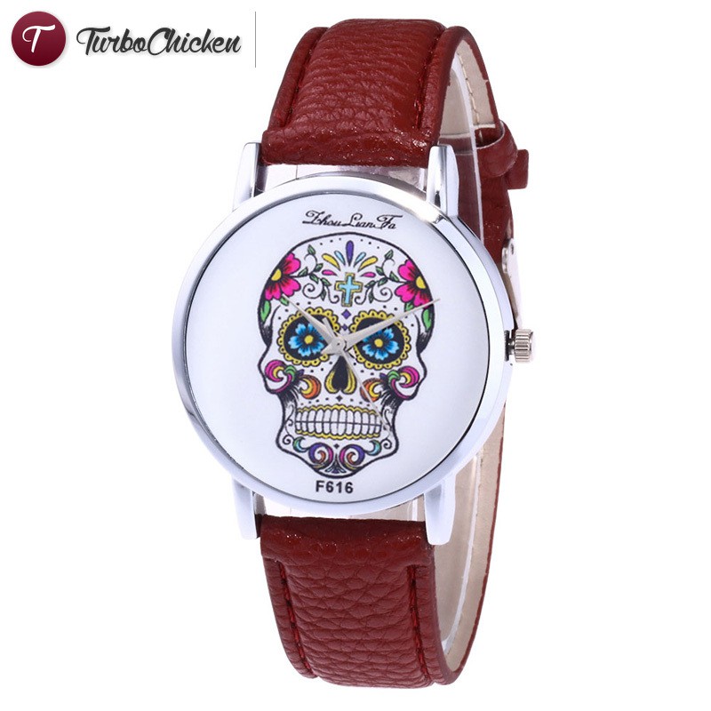 #Đồng hồ đeo tay# Women Men Flower skull Printed Couple Watches Simple Quartz Watch Halloween Gifts