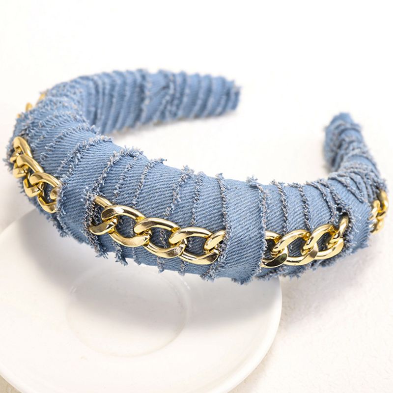 Băng Đô Vải Denim Bản Rộng Họa Tiết Kẻ Sọc Màu Sắc Trơn Phối Xích Kim Loại Kiểu Retro Cho Nữ