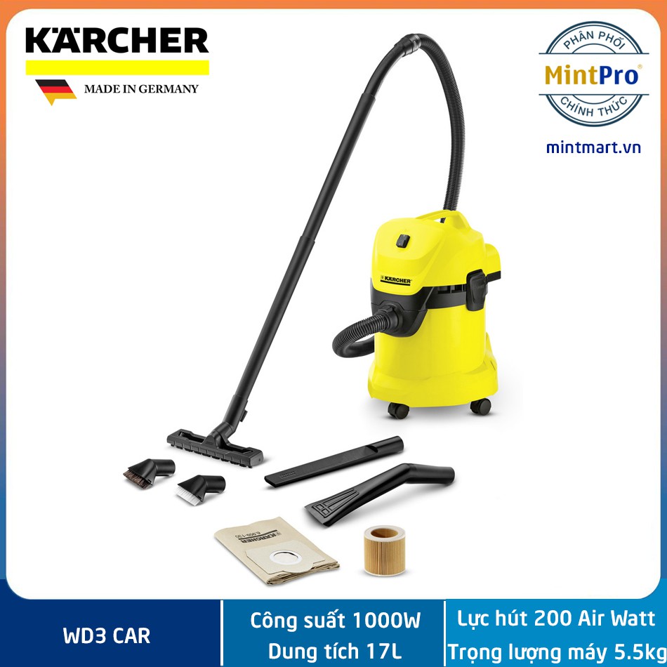 Máy hút bụi khô &amp; ướt Karcher WD 3 Car - Dung tích 17L - Kèm phụ kiện vệ sinh xe hơi - Công suất mạnh mẽ, tiết kiệm điện