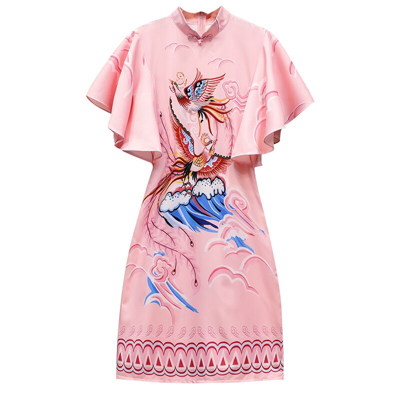 Đầm sườn xám in họa tiết hình chim phượng hoàng kích thước M-4XL phong cách cổ điển Trung Quốc