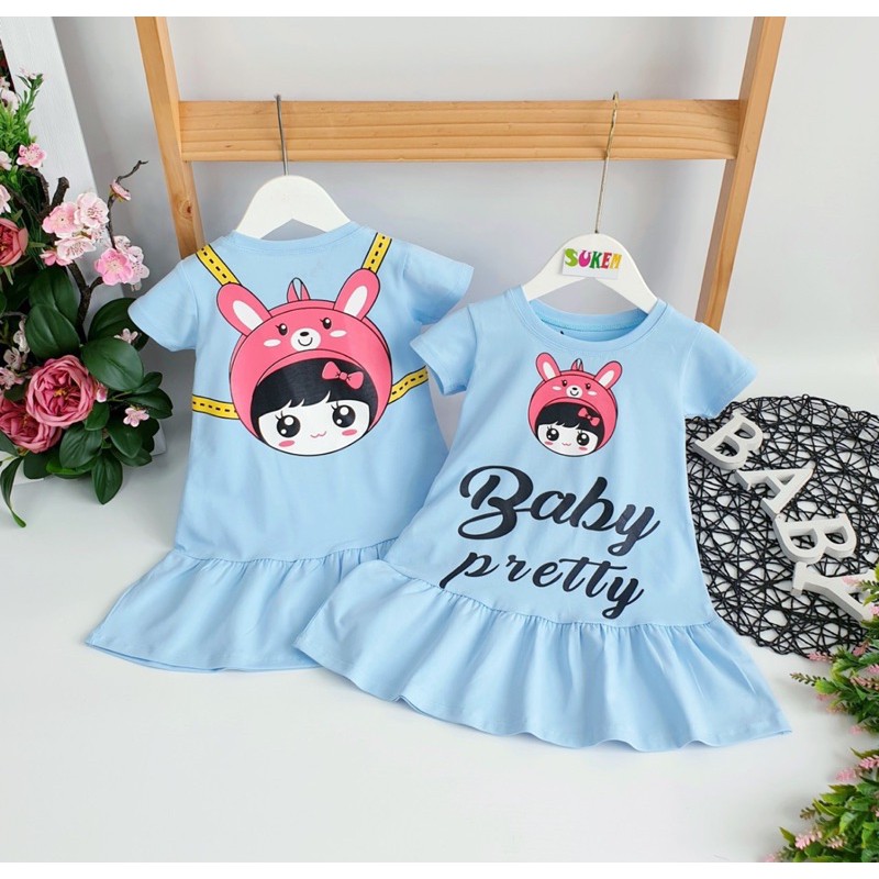 [8-24kg] Đầm cotton balo cô gái - xanh biển, vàng