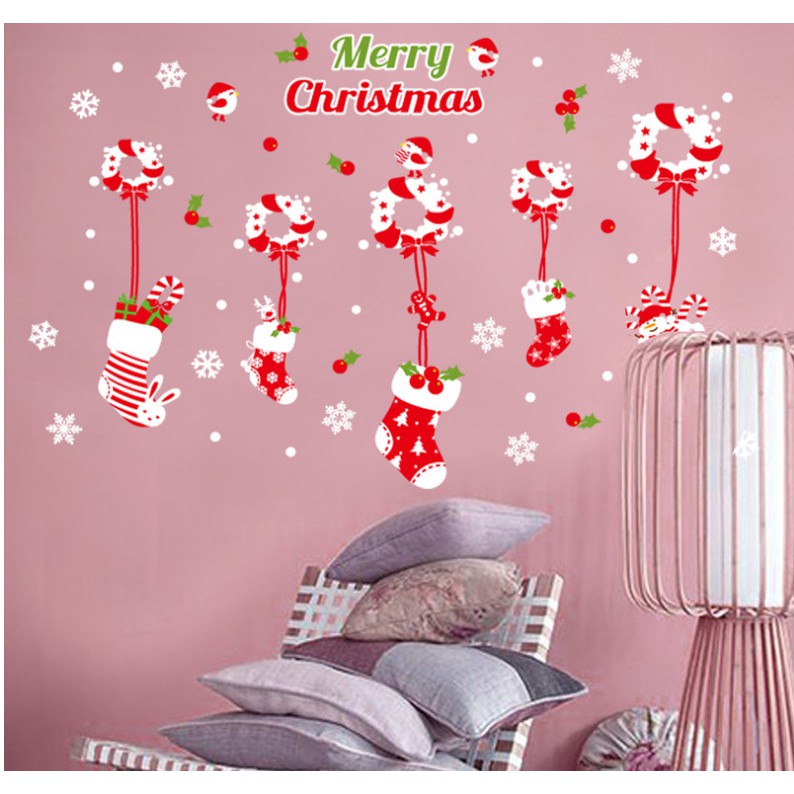 Decal trang trí Rèm dây nguyệt quế treo Vớ đỏ NOEL