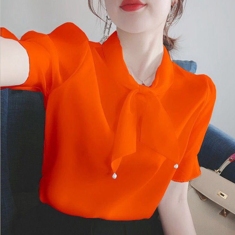 Áo kiểu tay ngắn cổ tròn phối nơ phong cách thanh lịch cho nữ