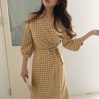Đầm midi caro thắt nơ eo