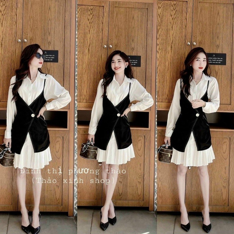 Set đầm sơmi trắng đuôi cá xếp ly + gile phối ngoài cá tính