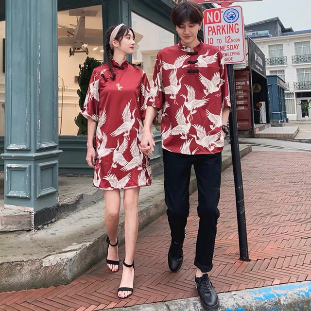 Set đồ đôi couple chim hạc trắng áo váy đỏ cực sang chảnh