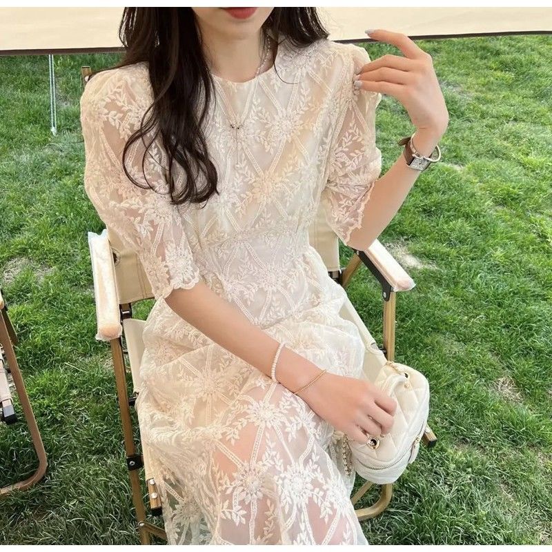 Đầm  IELGY dáng chữ A dài mỏng màu trơn họa tiết vân kim cương phong cách Hàn Quốc