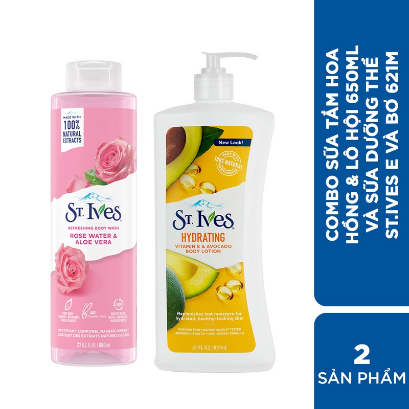 [Mã COSUI5 giảm 8% đơn 150K] Combo Sữa tắm Hoa Hồng và Lô Hội 650ml &amp; Sữa dưỡng thể St.Ives E và bơ 621ml