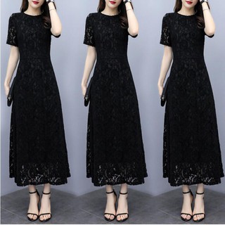 Đầm maxi dáng dài phối ren màu đen cỡ lớn