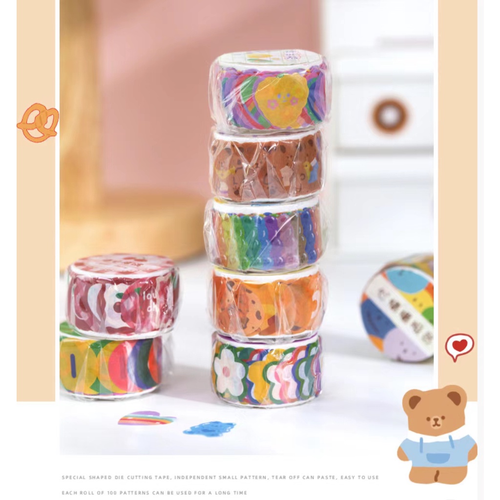 Set 100 Miếng Dán Đánh Dấu Trang Trí Họa Tiết Hoa Hoạt Hình Nhiều Màu Sắc