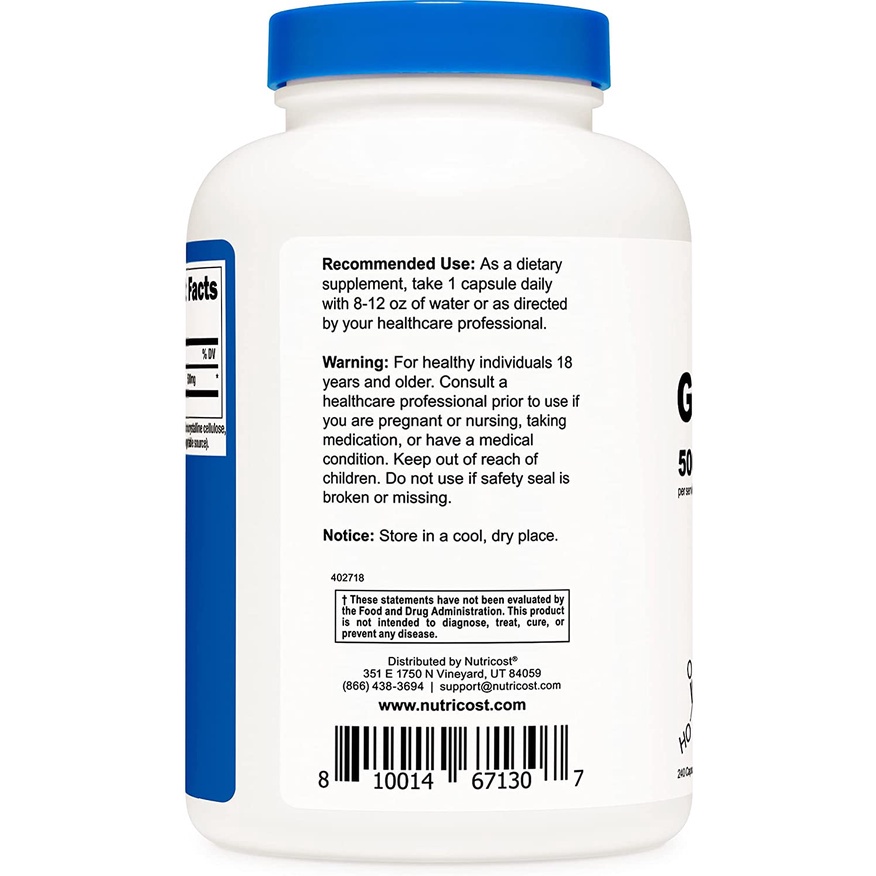 Nutricost Glutathione 500mg Thực Phẩm Bổ Sung Chống Lão Hóa, Giúp Trắng Da Cải Thiện Độ Đàn Hồi Cho Da