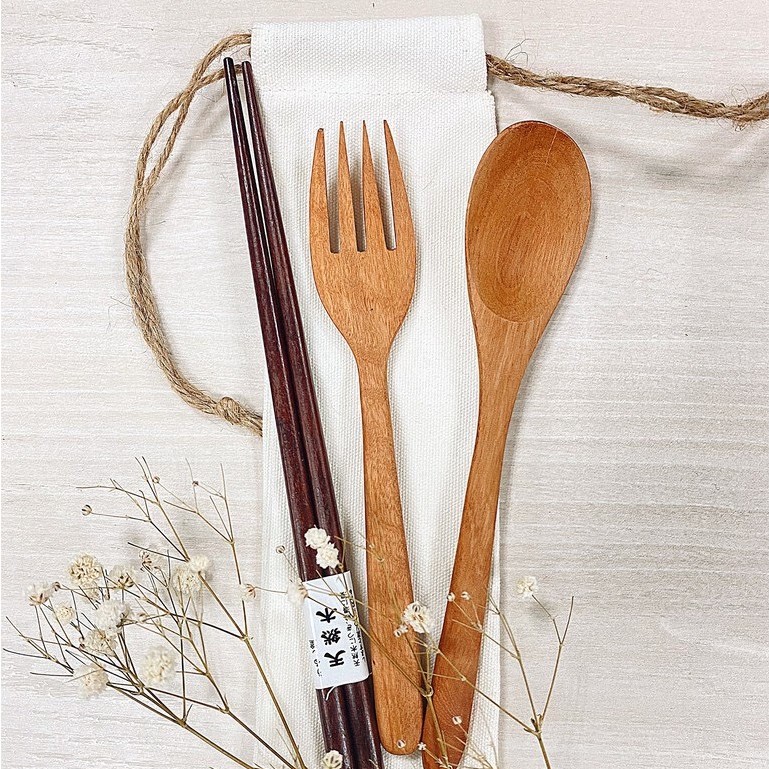 Bộ thìa gỗ, đũa gỗ, dĩa gỗ phong cách Nhật kèm túi vải thân thiện môi trường