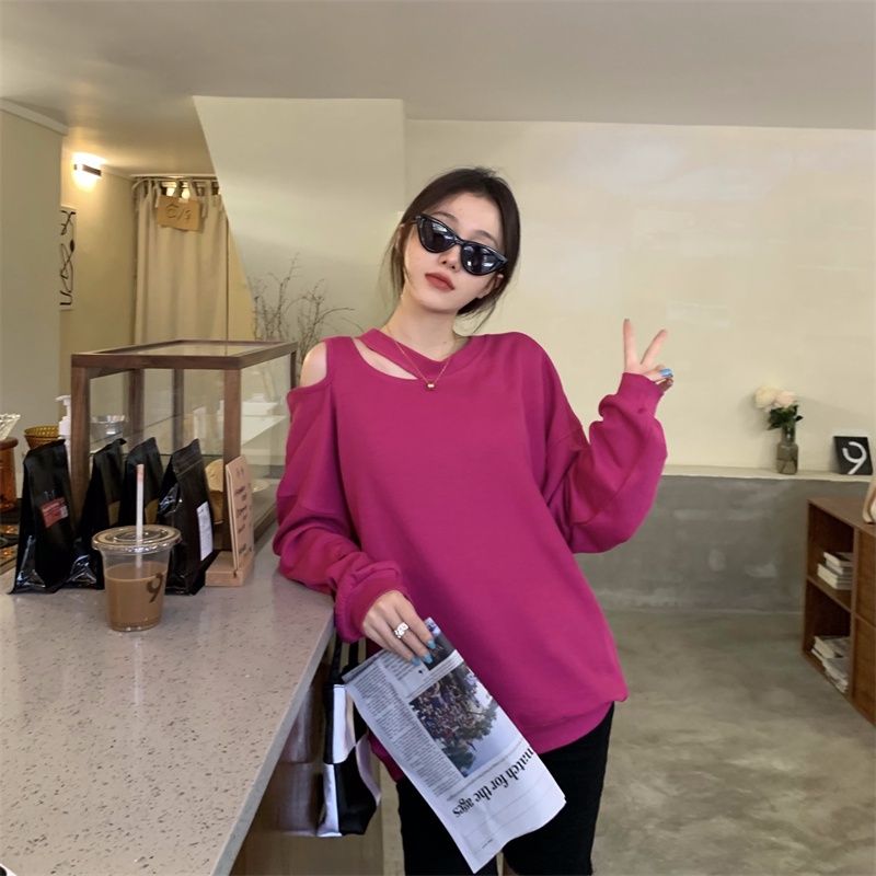 Áo Thun Tay Dài Cổ Tròn Hở Vai Dáng Rộng Thời Trang Mùa Thu Phong Cách Hàn Quốc 2 Màu Tùy Chọn Cho Nữ | BigBuy360 - bigbuy360.vn