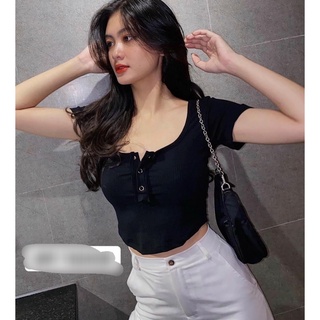 Áo thun gân cổ vuông nút bấm croptop MC