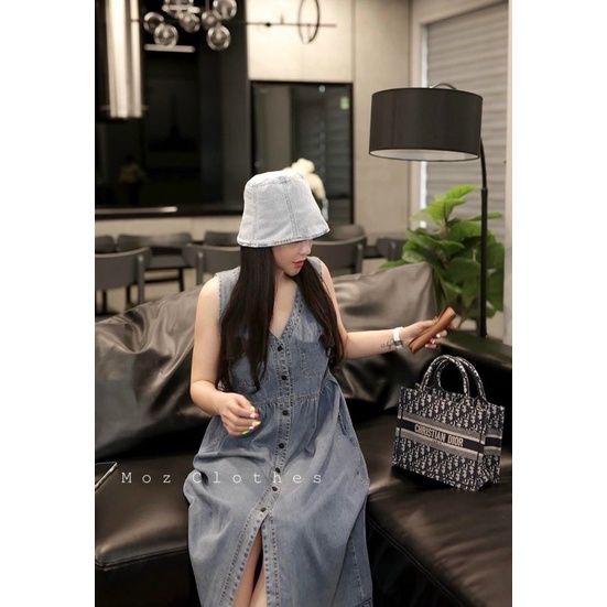 Váy bò sát nách túi trước babydoll dáng dài chất dezim cực đẹp full size