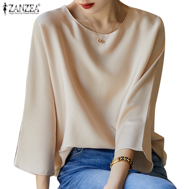 ZANZEA Áo Sơ Mi Vải Satin Tay Lửng Cổ Tròn Dáng Rộng Thời Trang Cho Nữ