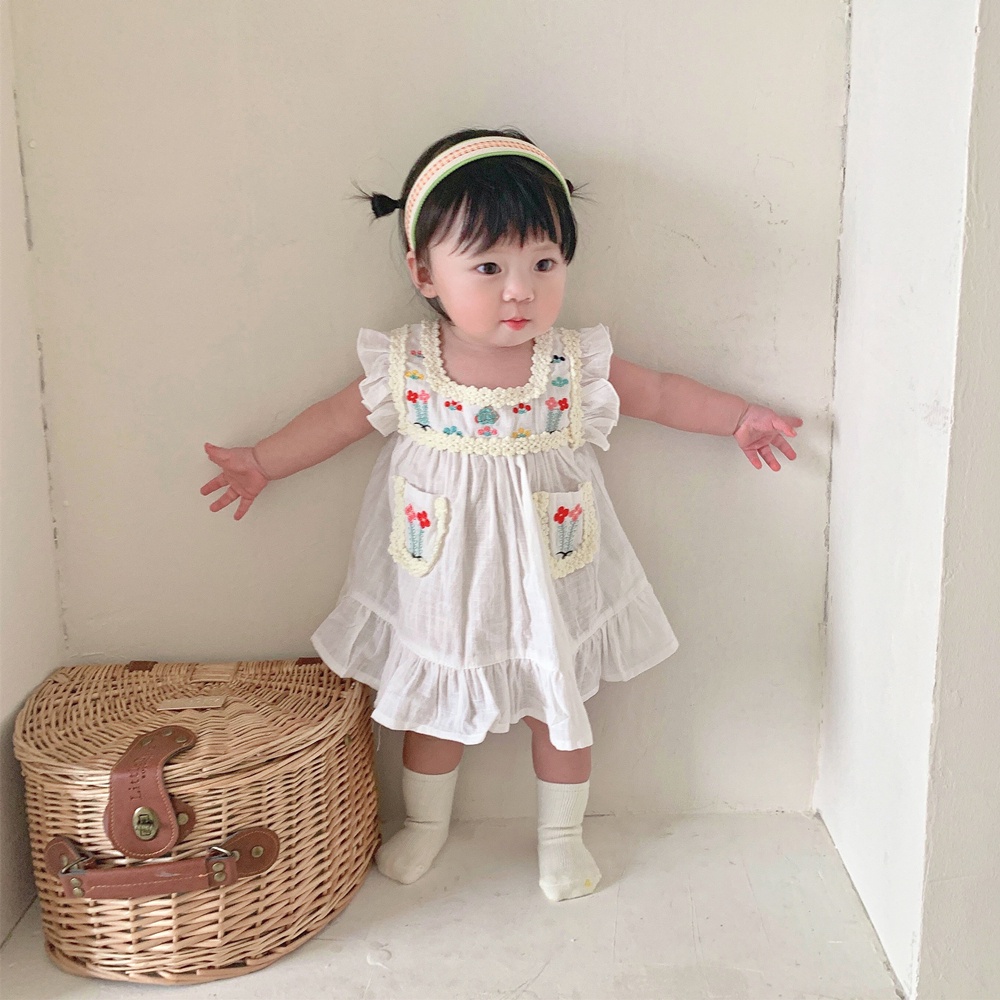 Đầm Công Chúa Không Tay Thêu Họa Tiết Bằng Cotton Cho Bé Gái