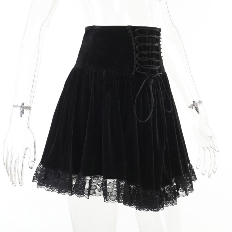 Chân Váy Chữ A Lưng Cao Màu Đen Phối Dây Rút Phong Cách Gothic