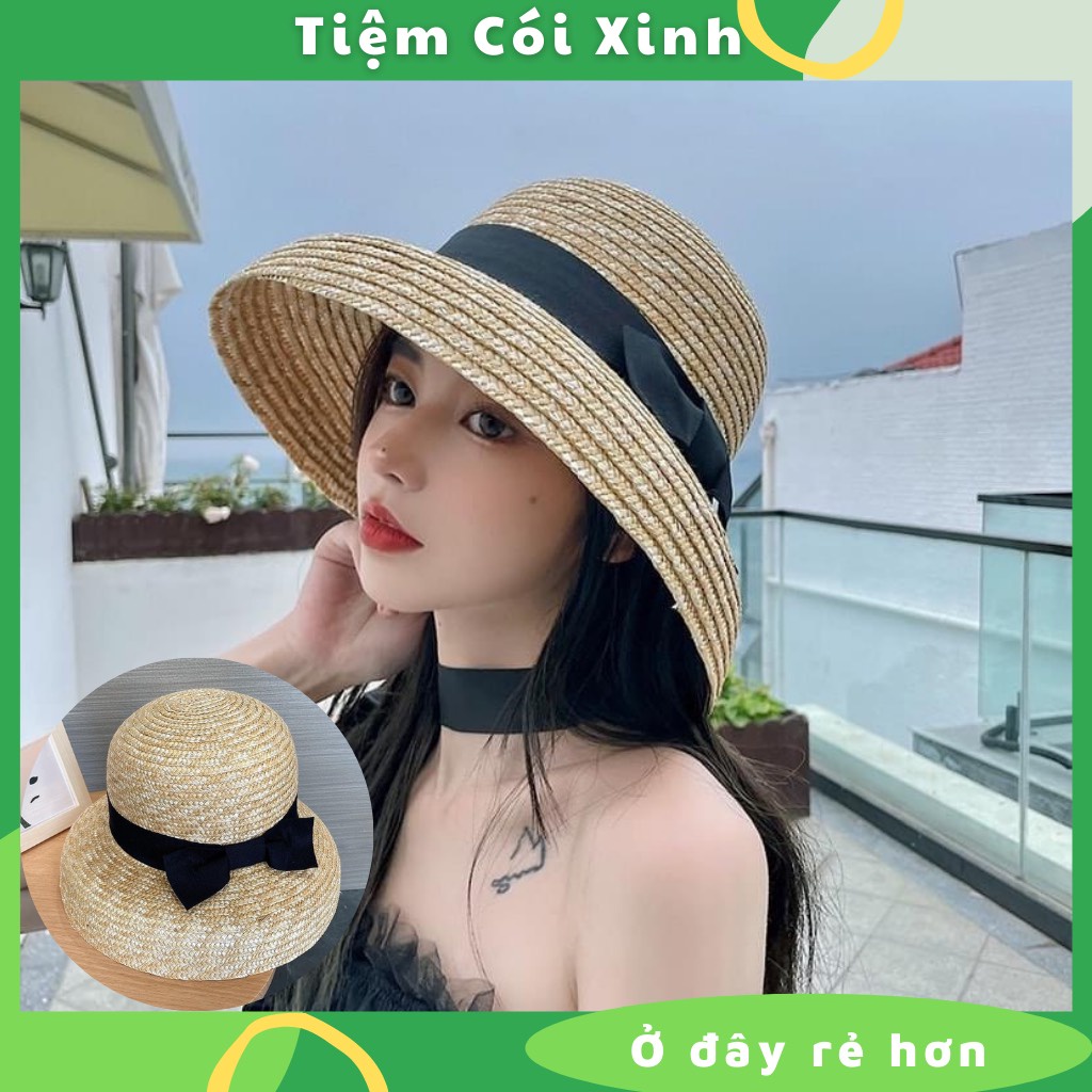 Mũ cói sợi lúa mì phom cứng, nón chuông nơ dễ thương